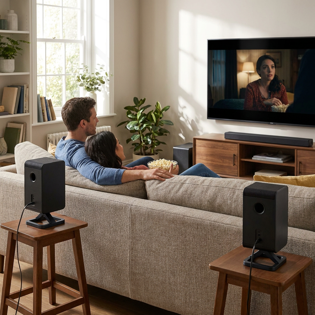 A couple watches TV on a couch, with two Sharp wireless rear speakers placed behind them.
