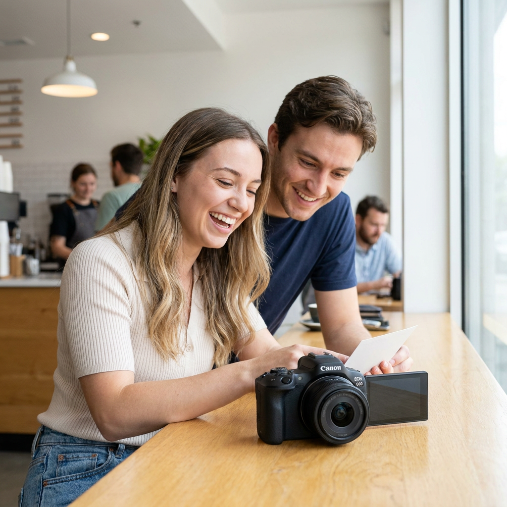 A lifestyle photo shows a young couple smiling as they view photos on the back of a black Canon EOS R50 mirrorless camera with the 18-45mm kit lens, sitting on a cafe window counter.