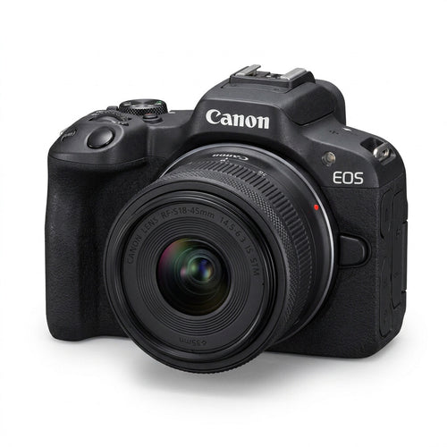 Black Canon EOS R50 mirrorless camera with an RF-S 18-45mm kit lens, shown at a three-quarter front angle on a white background.