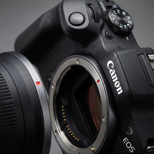 Canon EOS R100 camera with lens on a dark background