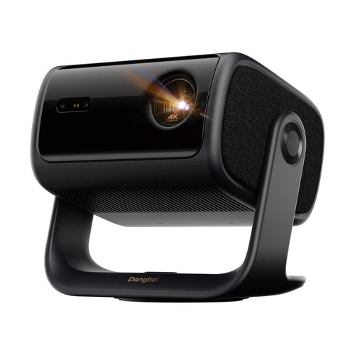 Dangbei MP1 Max 4K laser projector on its built-in gimbal stand, front three-quarter view on white