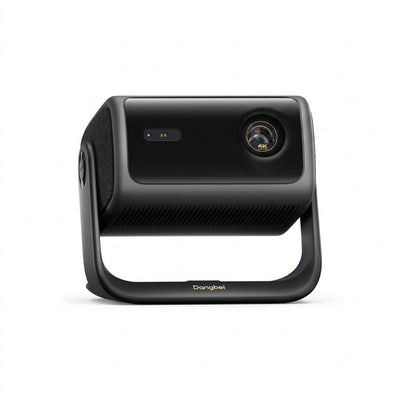 A crisp, high-resolution hero image of the Dangbei MP1-Max 4K projector, showcasing its lens, sensor, vented body, side speakers, and swivel stand against a clean white background. Centered composition with sharp focus and clean shadows. The stand clearly displays the 'Dangbei' logo without additional text overlay. The 4K lens detail is well-lit but not exaggerated.