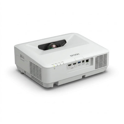 Pure white Epson 770Fi ultra short-throw projector from a clear rear-top high angle.