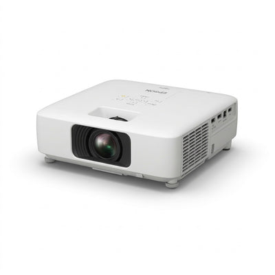 White Epson 3LCD throw laser projector shown at a three-quarter front angle on a white background, with the lens, top control panel, and side ports visible.