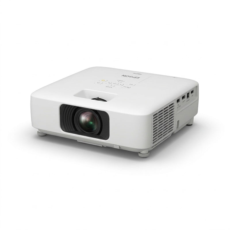 White Epson 3LCD throw laser projector shown at a three-quarter front angle on a white background, with the lens, top control panel, and side ports visible.