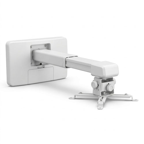 White Epson ultra-short-throw projector wall mount, with a flat wall plate, telescoping arm, and an adjustable universal projector bracket, on a white background.