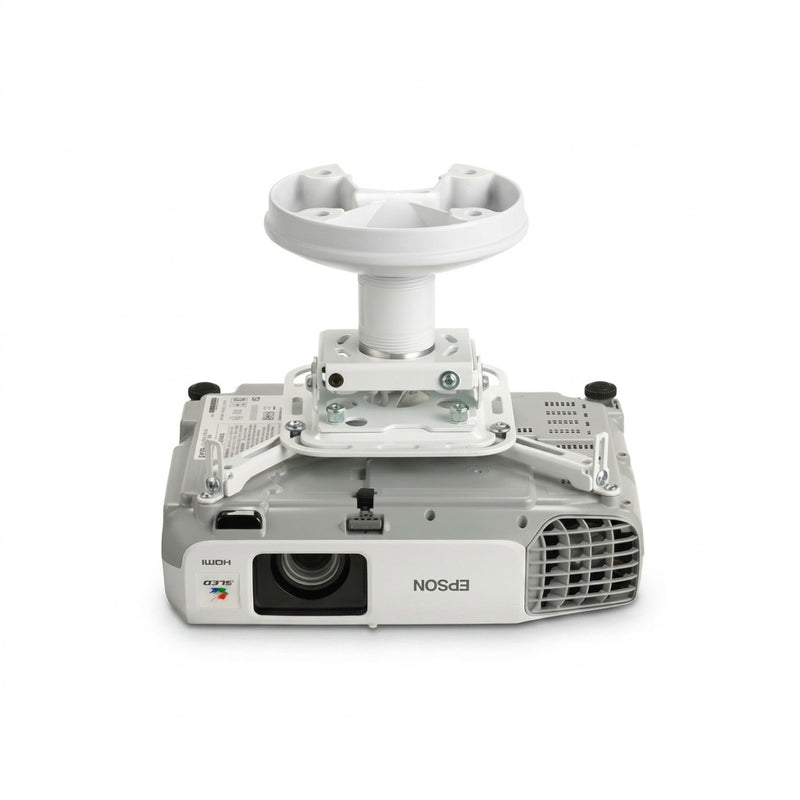 White Epson 3LCD projector shown inverted in a white ceiling mount bracket, viewed from the front with the lens, HDMI label, and Epson logo visible.