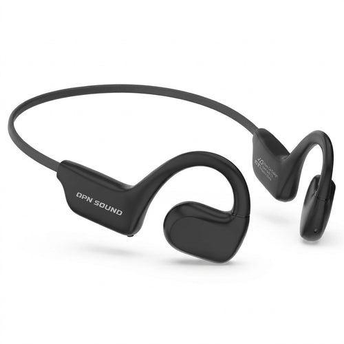 A crisp, pure ecommerce hero shot of black OPN Sound directional audio open-ear headphones on a white background.