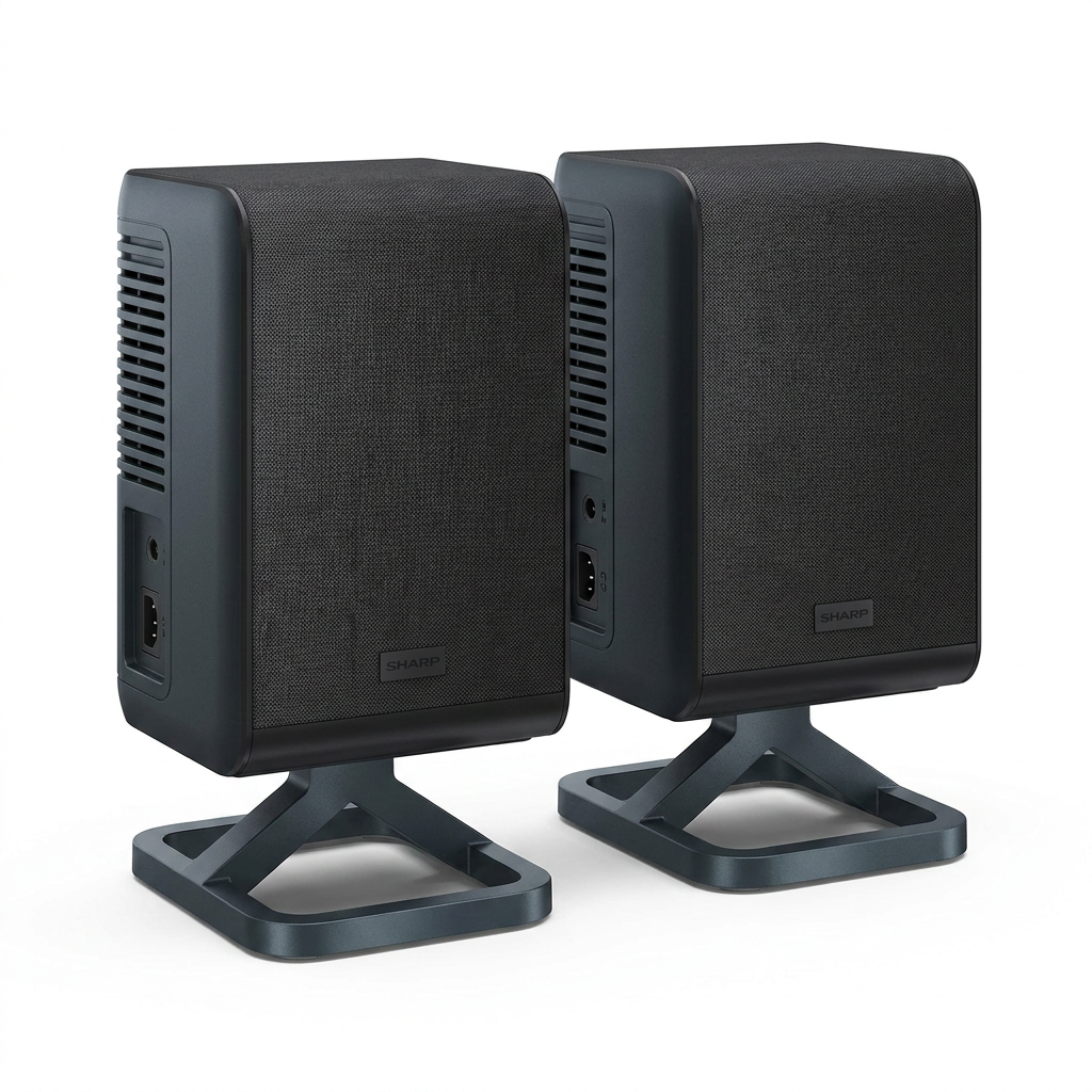 A photorealistic angled view of the left side of the SHARP HT-SPR52021-BK speakers on a white background.