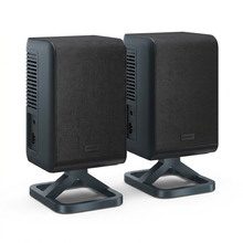 A photorealistic angled view of the left side of the SHARP HT-SPR52021-BK speakers on a white background.