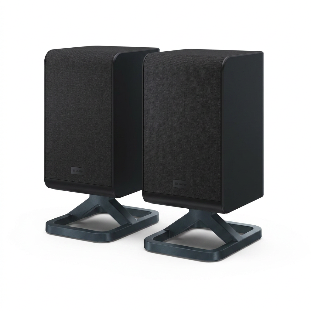 A photorealistic studio product photograph of the pair of SHARP HTC-SPR52021-BK wireless rear surround speakers, angled to show the front and right side. They are centered on a pure white background with a soft natural shadow.