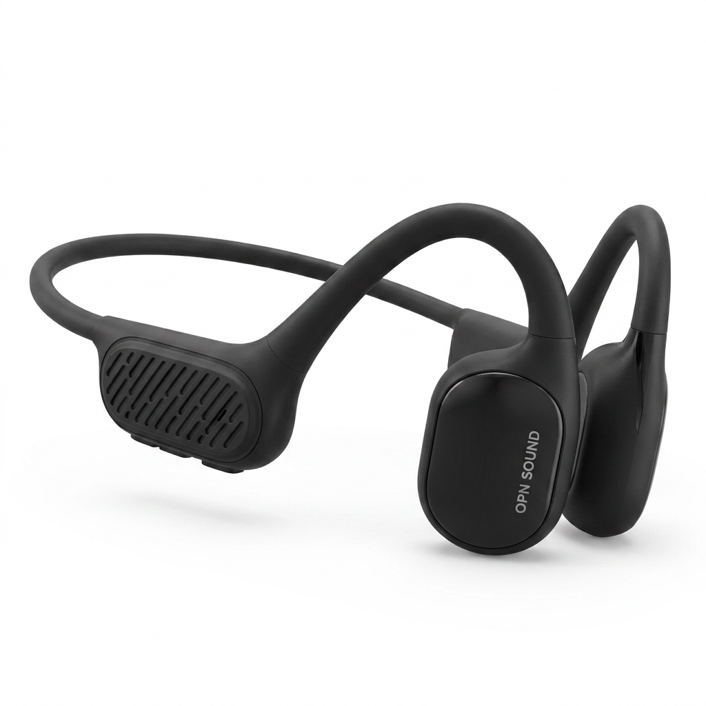 A photorealistic studio product photo of the black OPN Sound Swym+ bone conduction headphones, angled to show the right side and centered on a pure white background with a soft natural shadow.