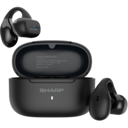 Sharp HP-TW45-BK Earclip Open-Ear True Wireless Earbuds — Secure Fit, IPX4 Water Resistant