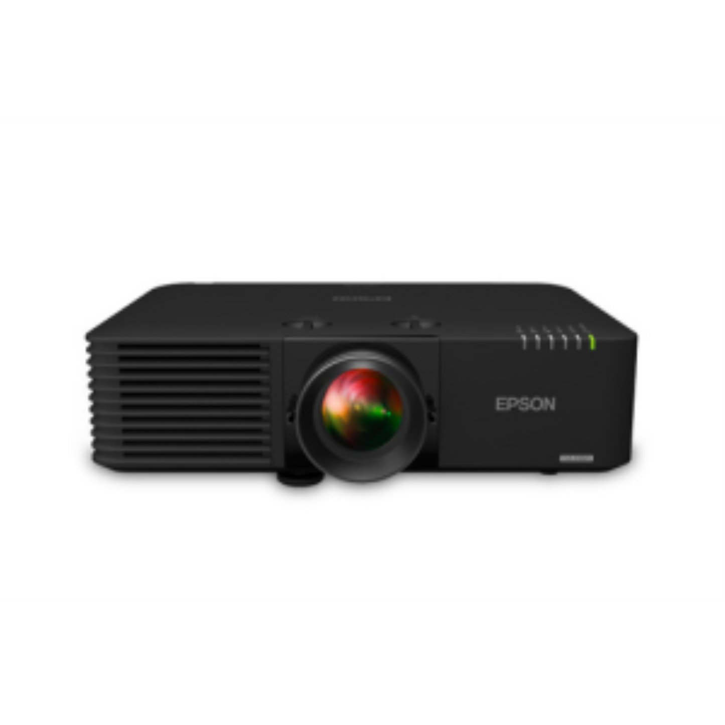 Front view of the Epson PowerLite L615U black laser projector with a large central lens.