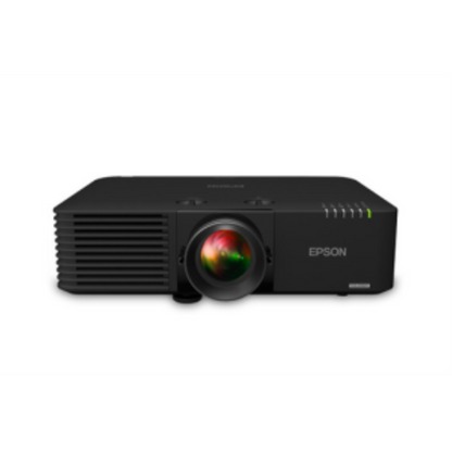 Front view of the Epson PowerLite L615U black laser projector with a large central lens.
