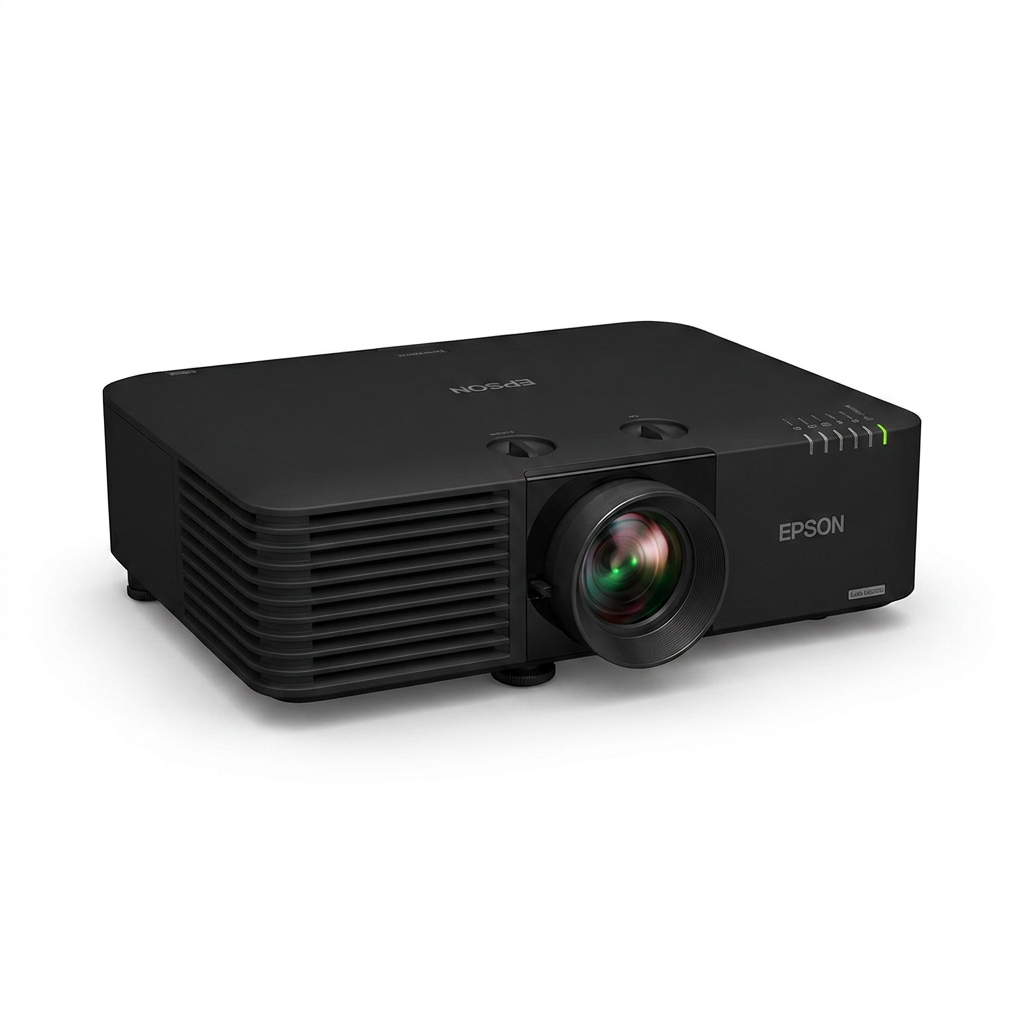 A photorealistic studio product photo of the black Epson PowerLite L615U laser projector, angled to show the left side vents.