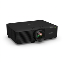 A photorealistic studio product photo of the black Epson PowerLite L615U laser projector, angled to show the left side vents.