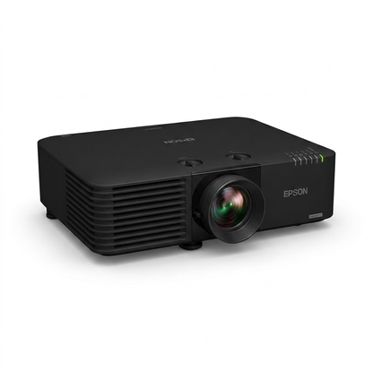 A photorealistic studio product photo of the black Epson PowerLite L615U laser projector, angled to show the left side vents.