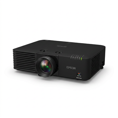 A photorealistic studio photograph of the Epson PowerLite L615U laser projector, angled to the right on a pure white background with a soft shadow.
