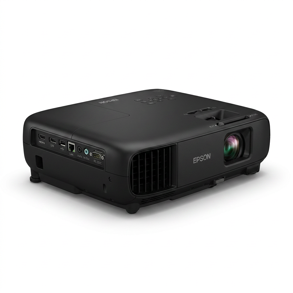 Photorealistic studio shot of the Epson PowerLite L265F projector, angled to show its left side and rear ports on a pure white background with a soft shadow.