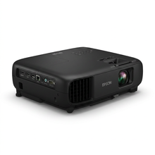 Photorealistic studio shot of the Epson PowerLite L265F projector, angled to show its left side and rear ports on a pure white background with a soft shadow.