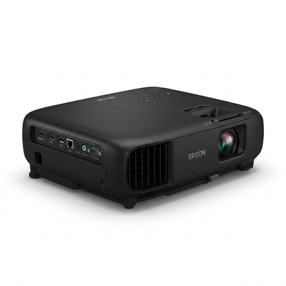 Photorealistic studio shot of the Epson PowerLite L265F projector, angled to show its left side and rear ports on a pure white background with a soft shadow.