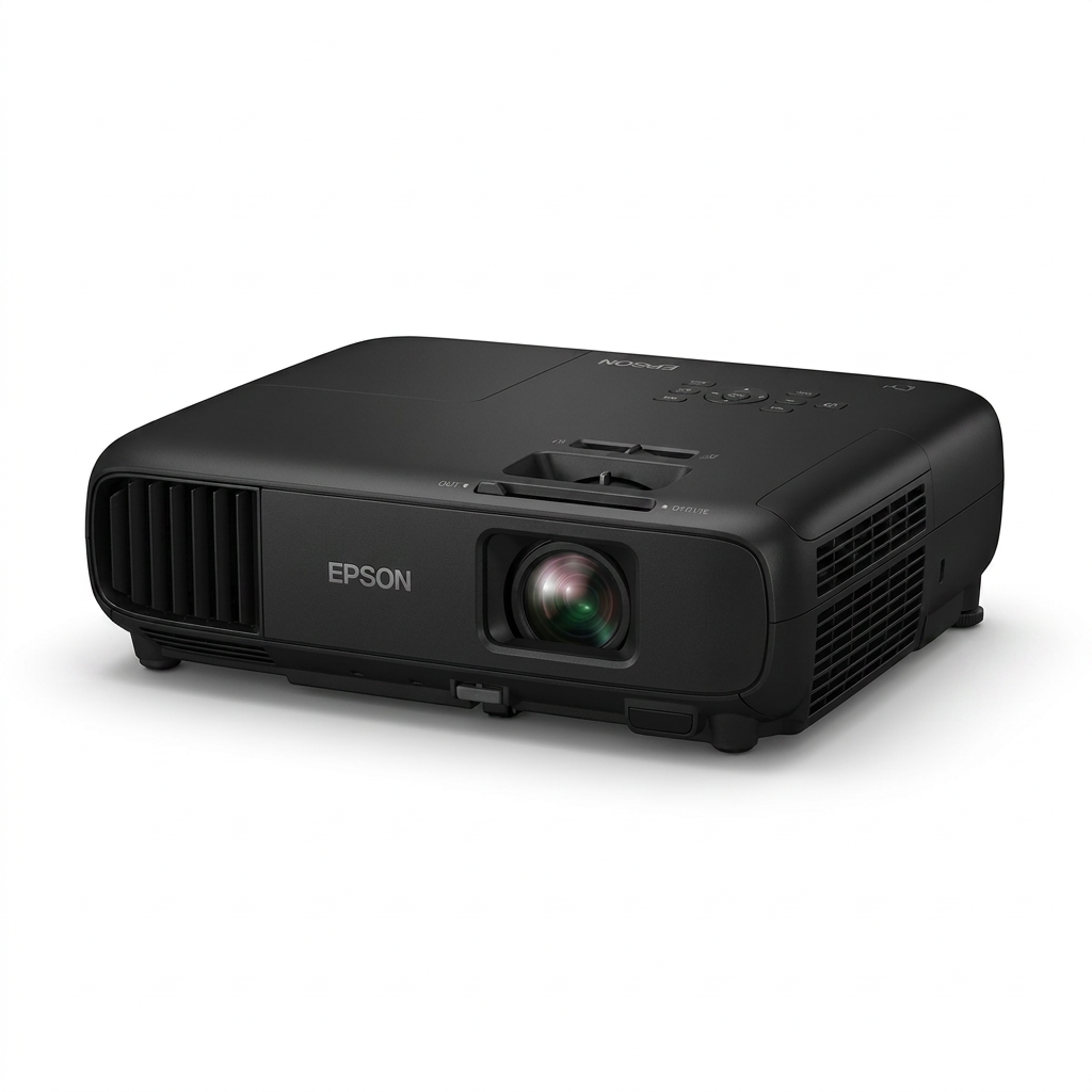 A photorealistic studio product photograph of the black Epson PowerLite L265F Projector, angled to show the right side and front lens on a pure white background with a soft shadow.