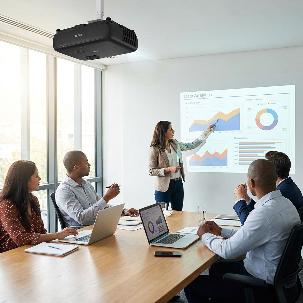 A photorealistic lifestyle scene shows the black Epson PowerLite L265F projector, ceiling-mounted in a bright, sunlit office meeting room. A team of professionals is engaged in a business presentation, with a woman pointing to data charts projected onto a large screen.