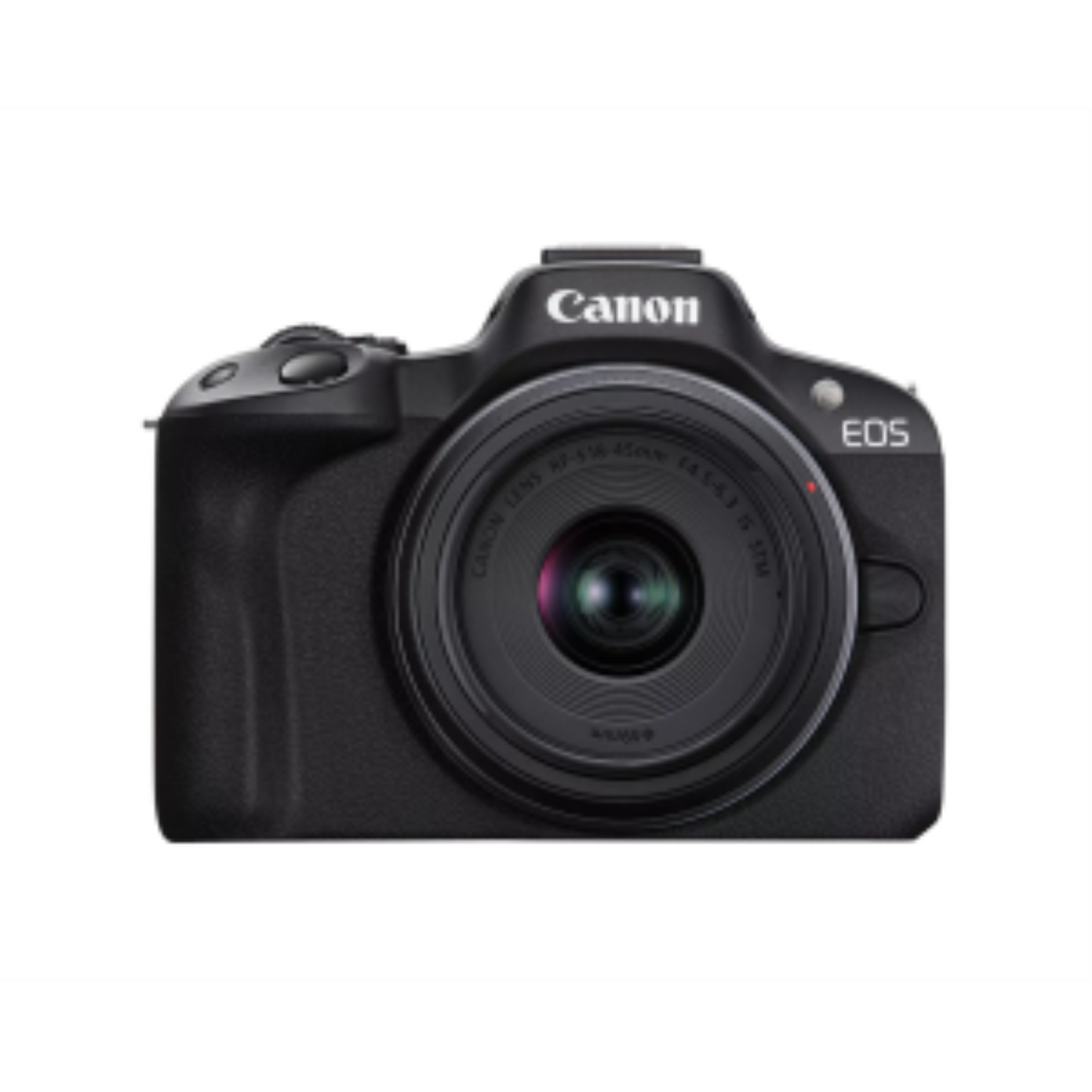 Front view of a black Canon EOS R50 mirrorless camera with an RF-S 18-45mm lens kit.
