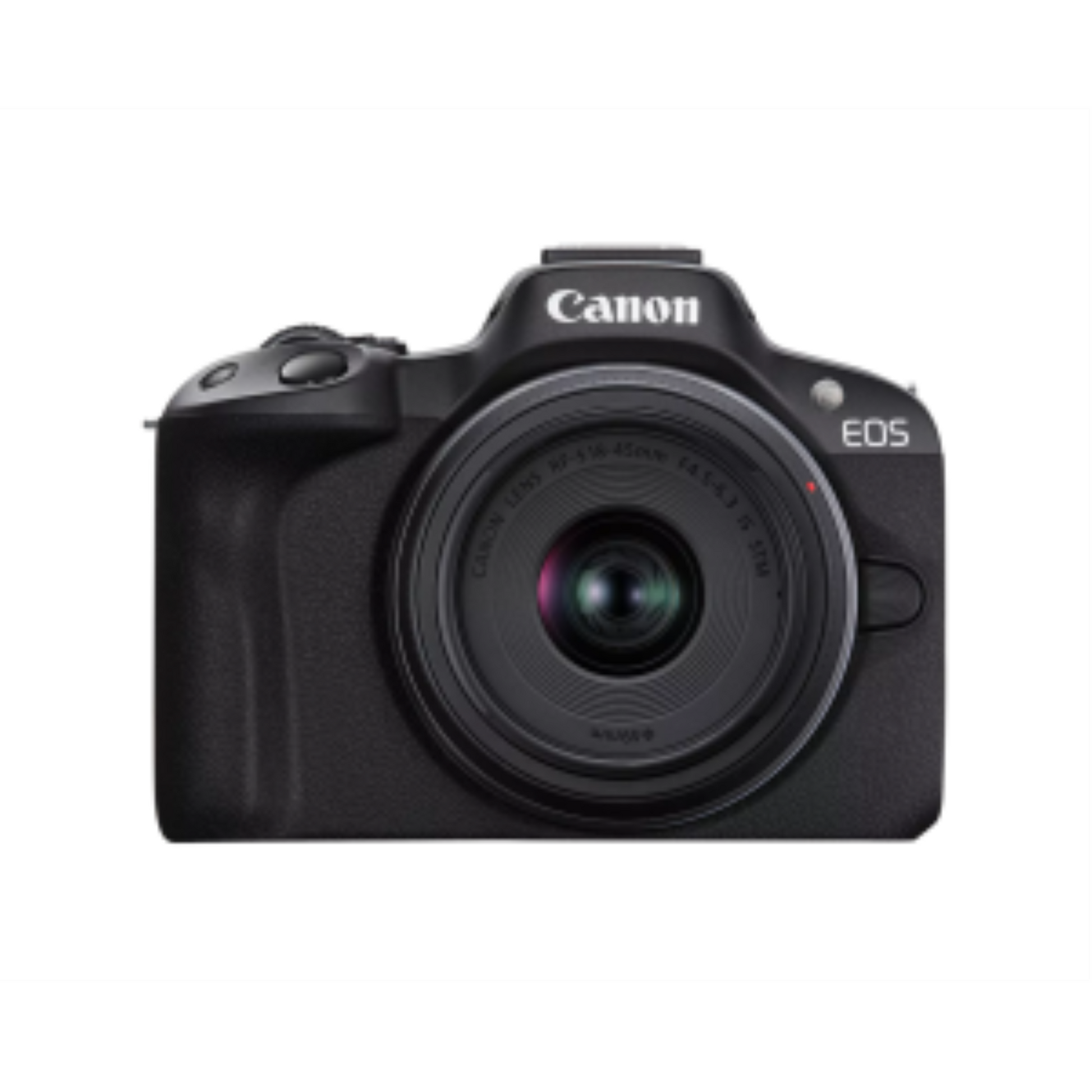Front view of a black Canon EOS R50 mirrorless camera with an RF-S 18-45mm lens kit.