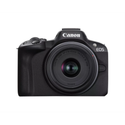Front view of a black Canon EOS R50 mirrorless camera with an RF-S 18-45mm lens kit.