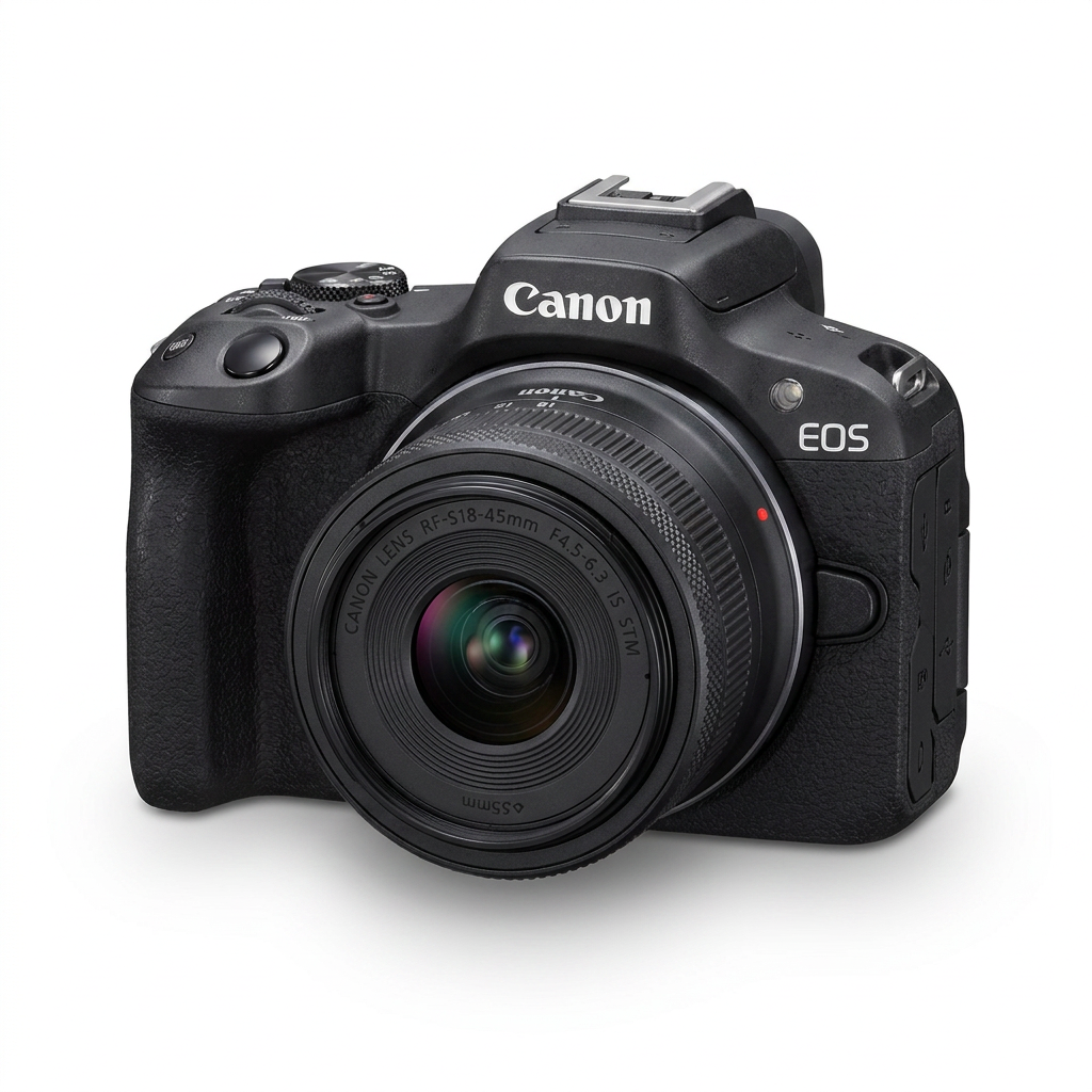 Photorealistic studio product photograph of the Canon EOS R50 camera with lens, angled left on a pure white background with a soft shadow.