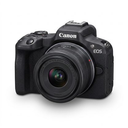 Photorealistic studio product photograph of the Canon EOS R50 camera with lens, angled left on a pure white background with a soft shadow.