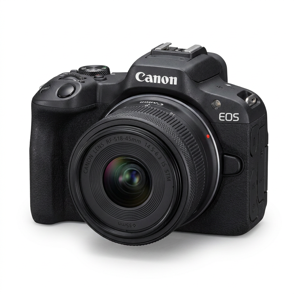 A photorealistic studio product photo of the black Canon EOS R50 mirrorless camera with the RF-S 18-45mm lens, angled right on a pure white background with a soft natural shadow.