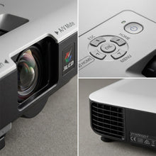 A macro-photo detail of the EPSON PowerLite 1780W projector's front lens and controls.