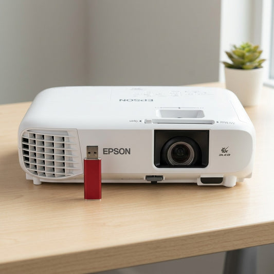 A scale reference image for an EPSON PowerLite W49 projector, positioned on a desk next to a widely recognized reference object like a standard USB stick or key fob, showing its compact size. The product remains true to the visual in image_0.png.