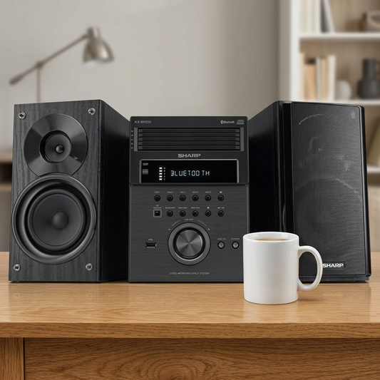 A high-quality photo showing the SHARP XL-BH250 micro system on a minimalist modern desk beside a coffee mug, demonstrating its size.