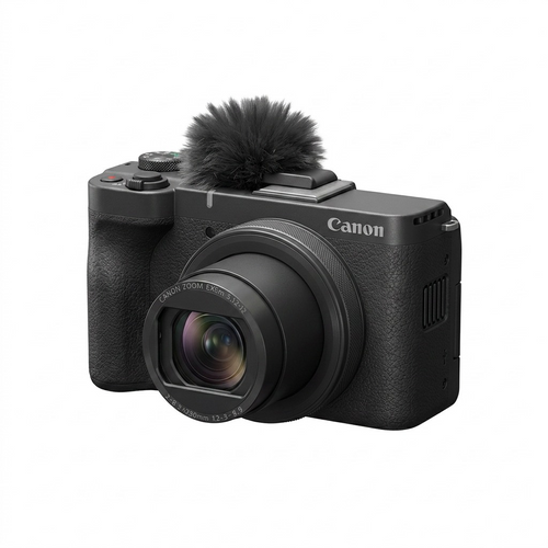 A crisp, front three-quarter view hero shot of the black Canon PowerShot V1 vlogging camera with its furry wind screen.