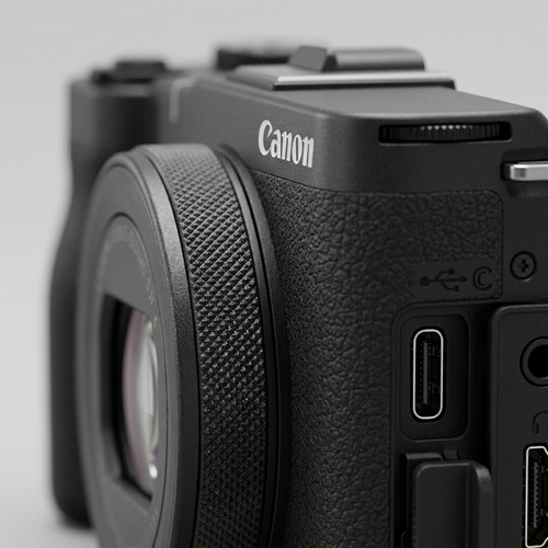 Macro close-up of Canon PowerShot V1 textured grip, multiway-control buttons, USB-C and HDMI ports.
