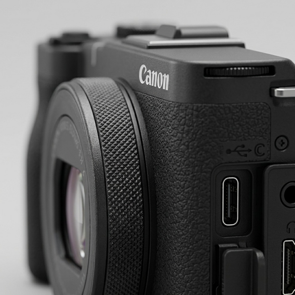 Macro close-up of Canon PowerShot V1 textured grip, multiway-control buttons, USB-C and HDMI ports.