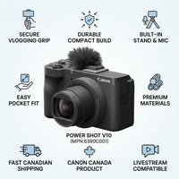 Infographic matrix for the Canon PowerShot V1 camera, featuring factual cues for performance, build, and support with icons.