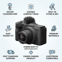 Infographic matrix for the Canon PowerShot V1 camera, featuring factual cues for performance, build, and support with icons.
