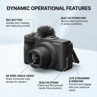 Product graphic shows key Canon PowerShot V1 features: 4K, stand, and stereo microphone.