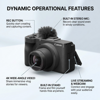 Product graphic shows key Canon PowerShot V1 features: 4K, stand, and stereo microphone.