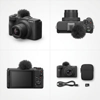 An ecommerce matrix displaying the accurate Canon PowerShot V1 camera from multiple angles: front three-quarter, top-down view, back view, and in a travel kit.