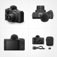 An eCommerce matrix displaying the accurate Canon PowerShot V1 camera from multiple angles: front three-quarter, top-down view, back view, and in a travel kit.