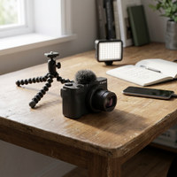Canon PowerShot V1 Vlogging Camera on a wooden desk with filming setup including microphone and LED light.