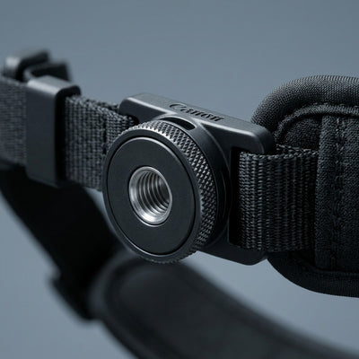 A detailed macro shot focusing on the high-quality textures and materials of the Canon Camera Hand Strap E2.