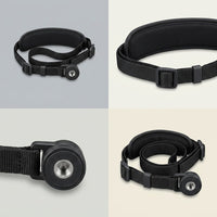 Four-panel detail view of a black padded Canon Camera Strap E2 with adjustable nylon webbing and a metal quarter-inch screw mount, shown coiled and in close-up on neutral backgrounds.