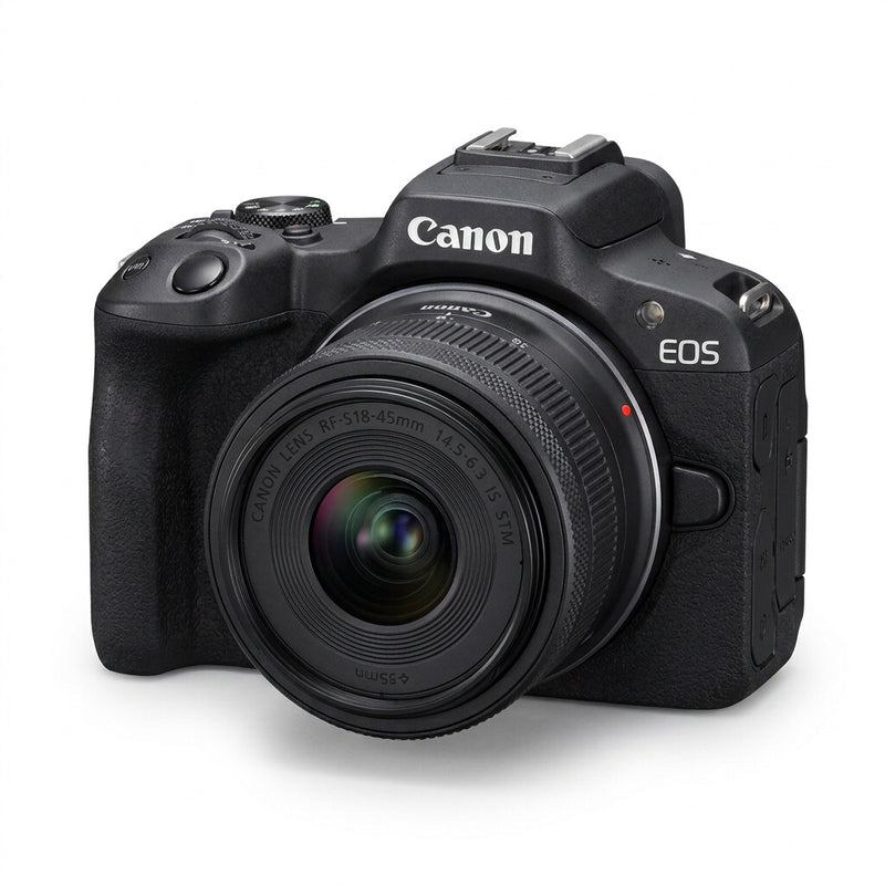 Black Canon EOS R50 mirrorless camera with an RF-S 18-45mm kit lens, shown at a three-quarter front angle on a white background.
